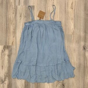 NWT Lost in Lunar Baby Blue Gold Pinstripe Babydoll Sleeveless Mini Dress Size L